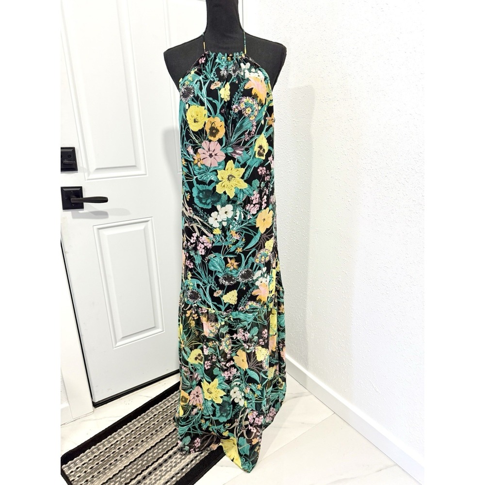 Zara Basic black‎ multicolor floral printed halter maxi dress XS